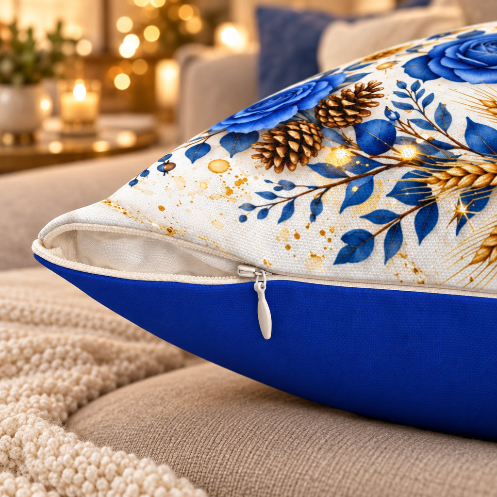 Home Sweet Home Floral Throw Pillow | Blue & Gold | 16 × 16