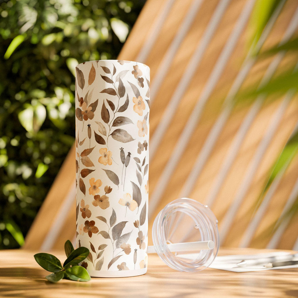 Vaso Térmico Skinny 20oz Floral - Tumbler de Acero Inoxidable con Pitillo, Regalo Botánico para Mujer, Vaso Estético para Café Helado
