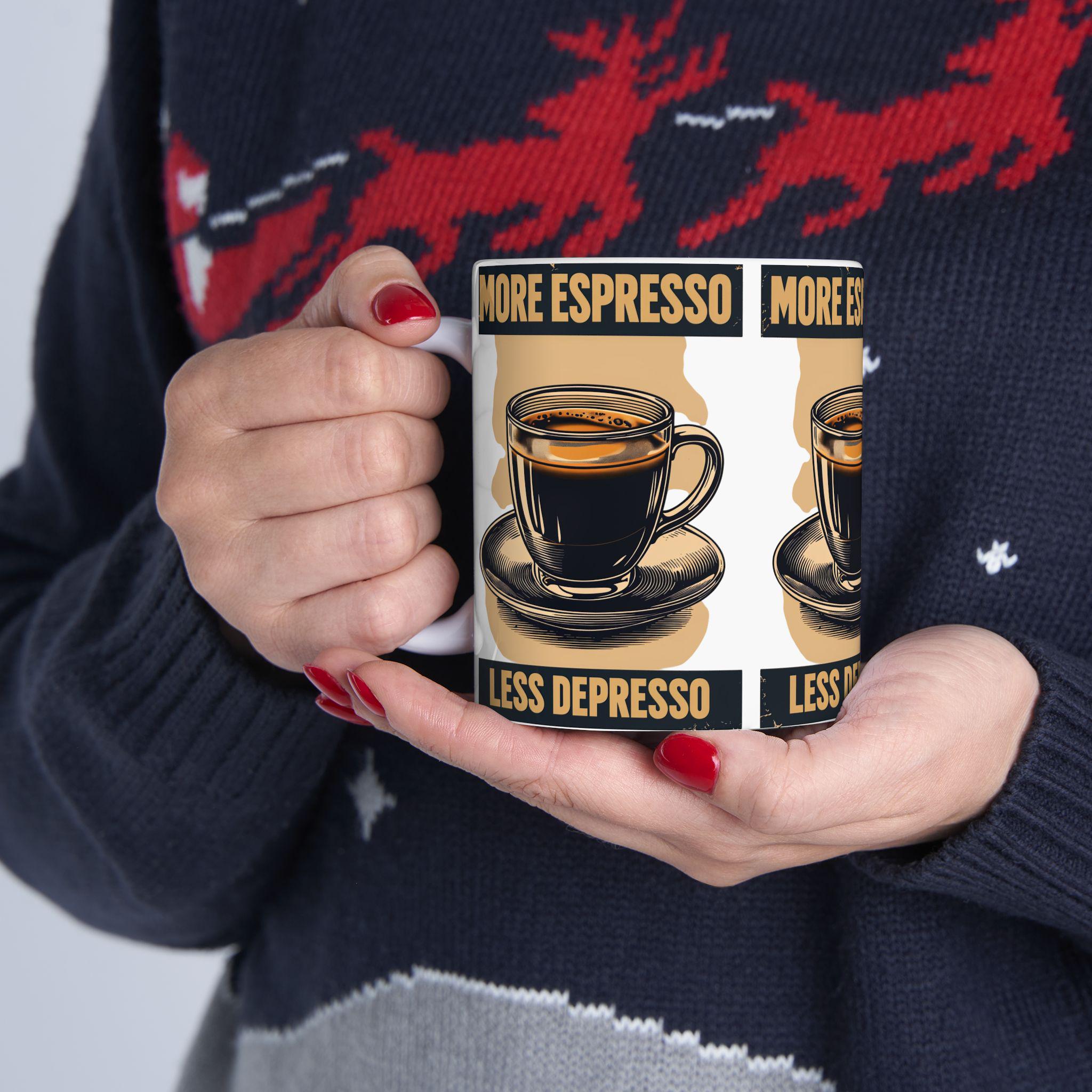 Taza More Espresso Less Depresso - Regalo Divertido para Amantes del Café, Mug de Cerámica Sarcástica, Regalo de Salud Mental