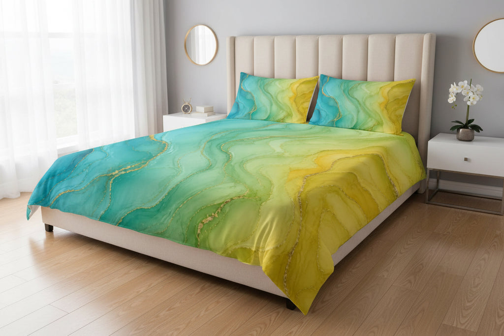 Aqua Sunrise Cotton Bed Set - Ocean Teal & Sunshine Yellow Marble Duvet Cover