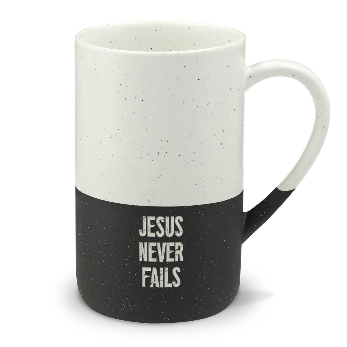Speckled Ceramic Mug (13oz) – "Jesus Never Fails" Engraved Inspirational Coffee Cup