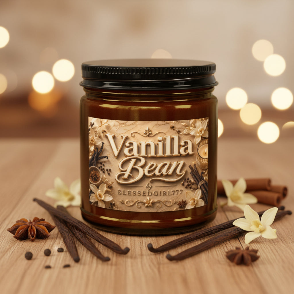Spiced Vanilla Bean Scented Soy Candle — 4oz & 9oz Amber Jar with Black Lid