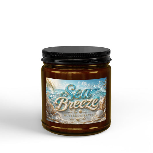 Sea Breeze Scented Soy Candle (4oz & 9oz) — Amber Jar with Black Lid