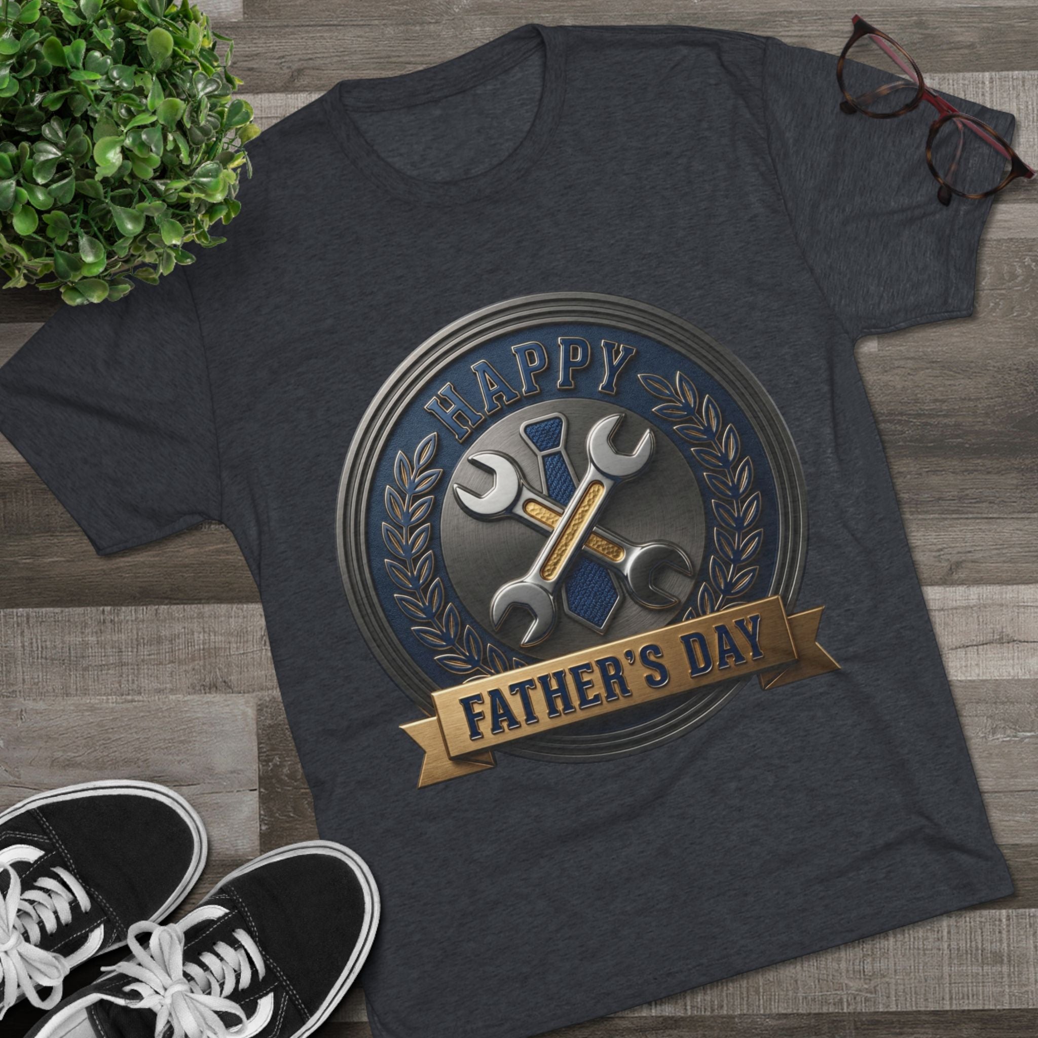 Father's Day Mechanics Badge Tee — Happy Father's Day Wrench & Hammer Crew Shirt