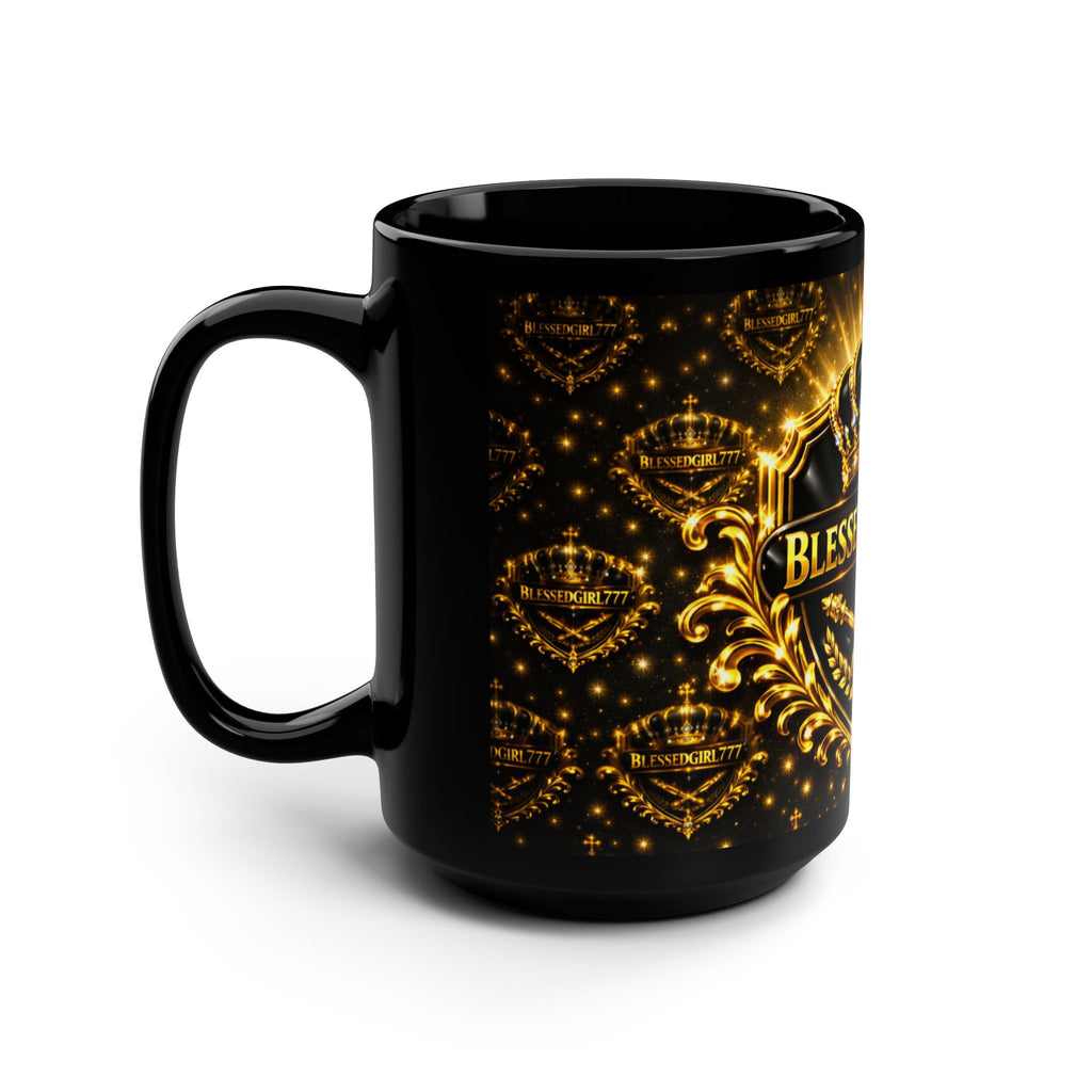 BlessedGirl777 Gold Crown Black Mug — 15oz Inspirational Coffee Cup