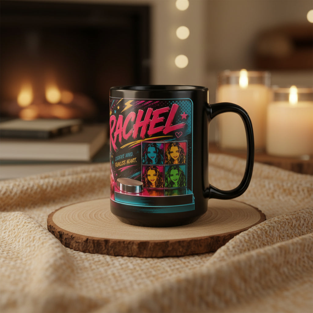 Personalized Neon Pop Photo Mug — Custom Name 'Rachel' 15oz Black Ceramic