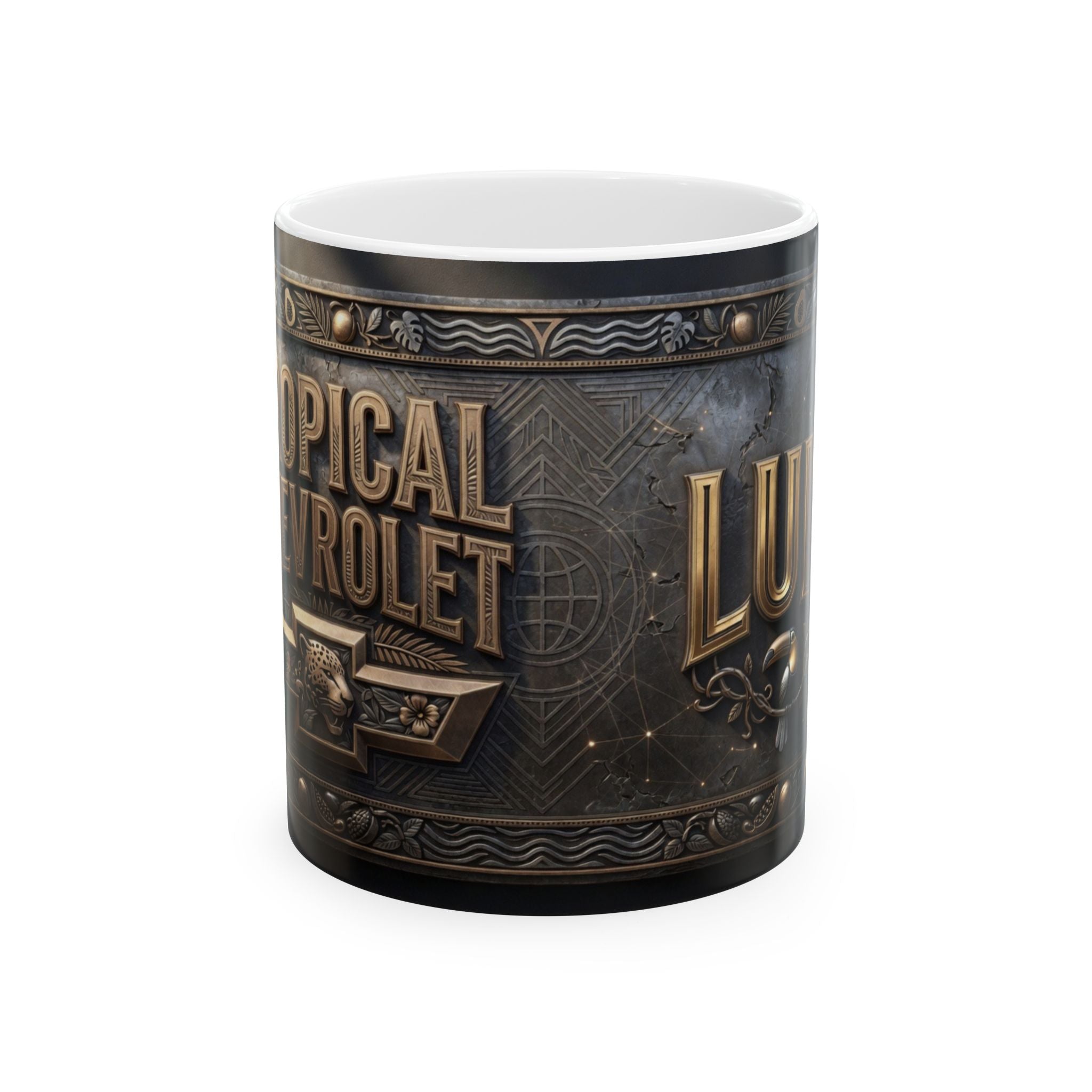 Vintage Brass Emblem Lucretia Mug | Steampunk Decorative Ceramic Mug