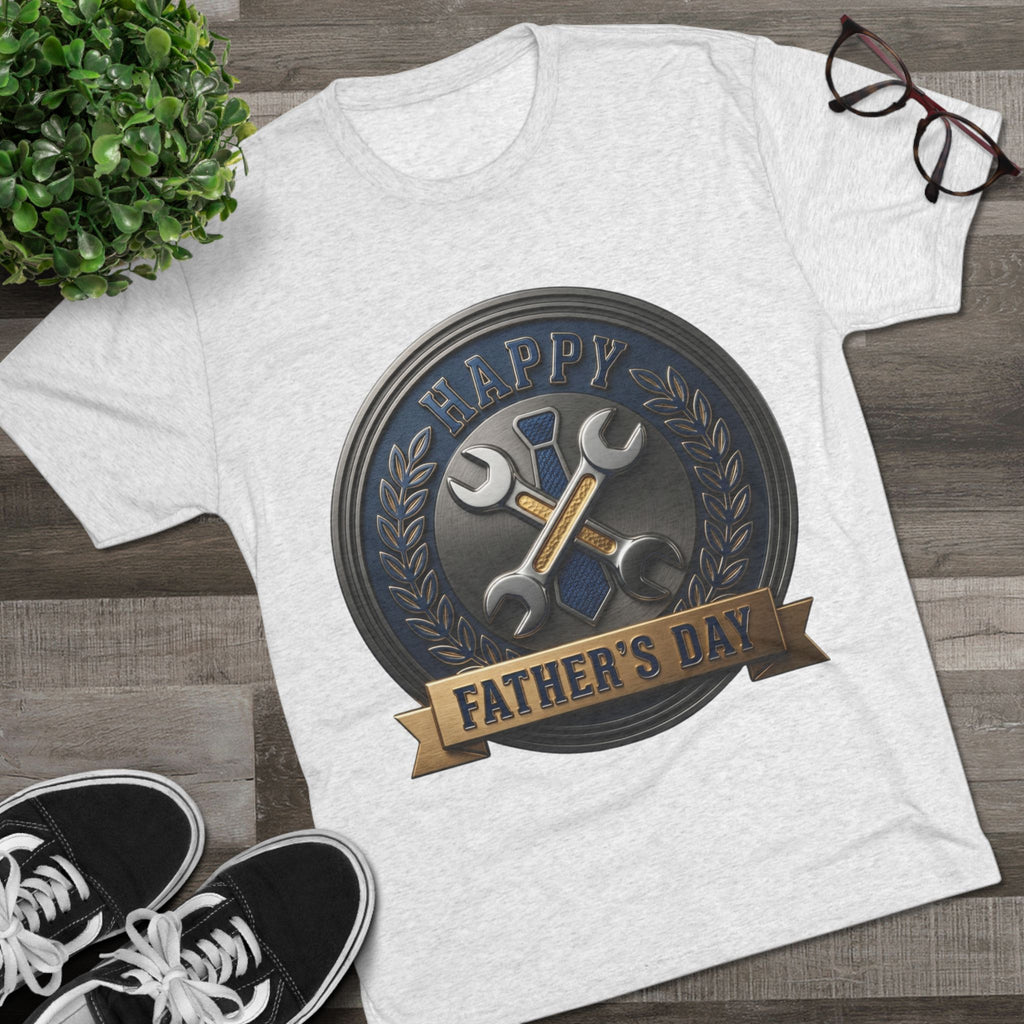 Father's Day Mechanics Badge Tee — Happy Father's Day Wrench & Hammer Crew Shirt