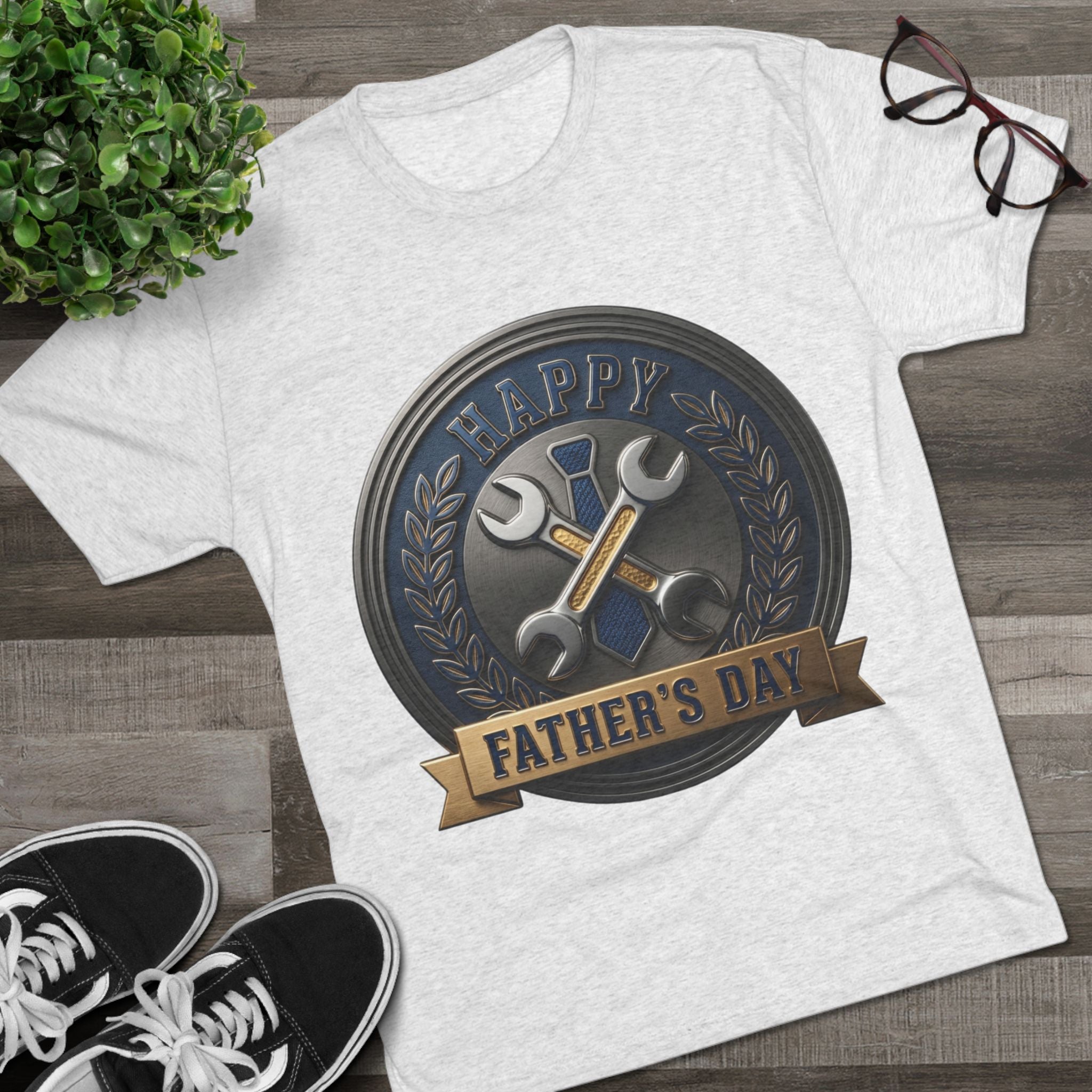 Father's Day Mechanics Badge Tee — Happy Father's Day Wrench & Hammer Crew Shirt