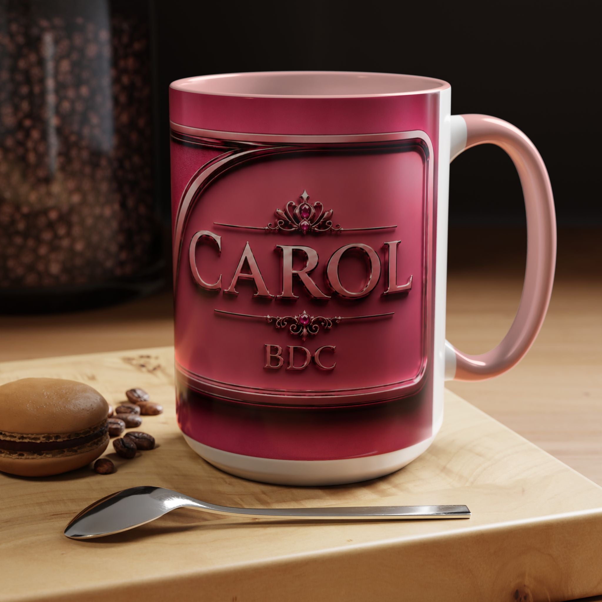 Personalized Pink Embossed Name Coffee Mug — "Carol" Accent Ceramic Mug (11/15oz)