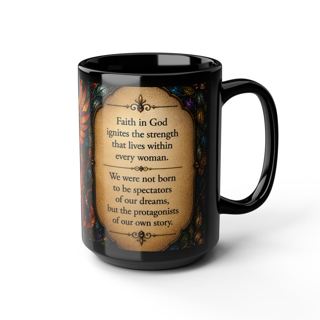 Rising Phoenix Faith Mug — Stained Glass 15oz Black Ceramic ✨