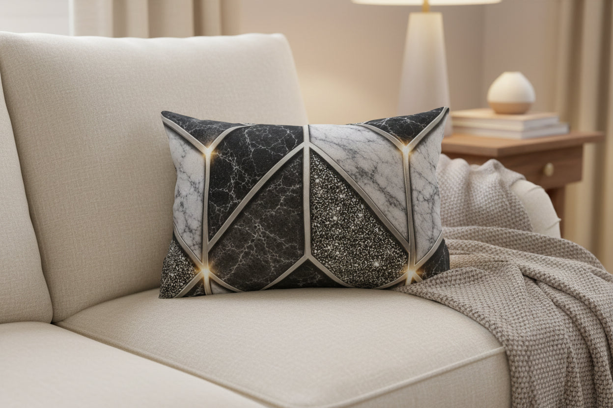 Geometric Marble Outdoor Pillow — Gray Stone Mosaic Accent Cushion