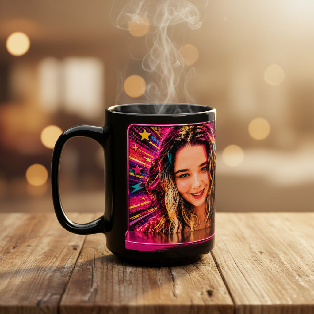 Personalized Neon Pop Photo Mug — Custom Name 'Rachel' 15oz Black Ceramic