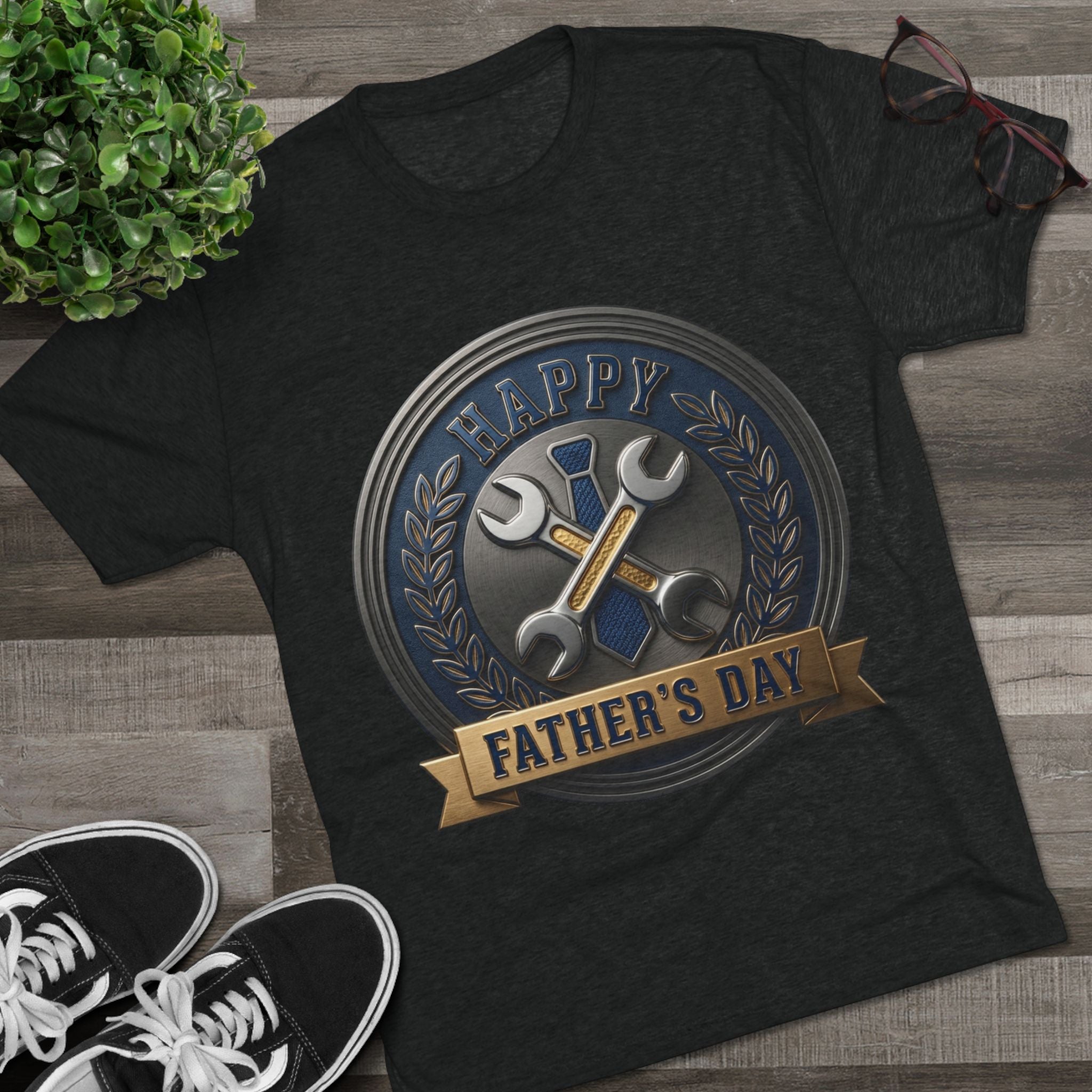 Father's Day Mechanics Badge Tee — Happy Father's Day Wrench & Hammer Crew Shirt