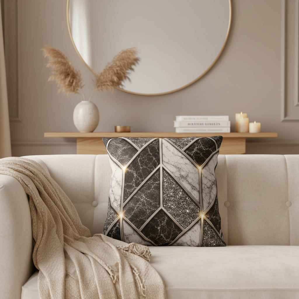 Geometric Marble Outdoor Pillow — Gray Stone Mosaic Accent Cushion
