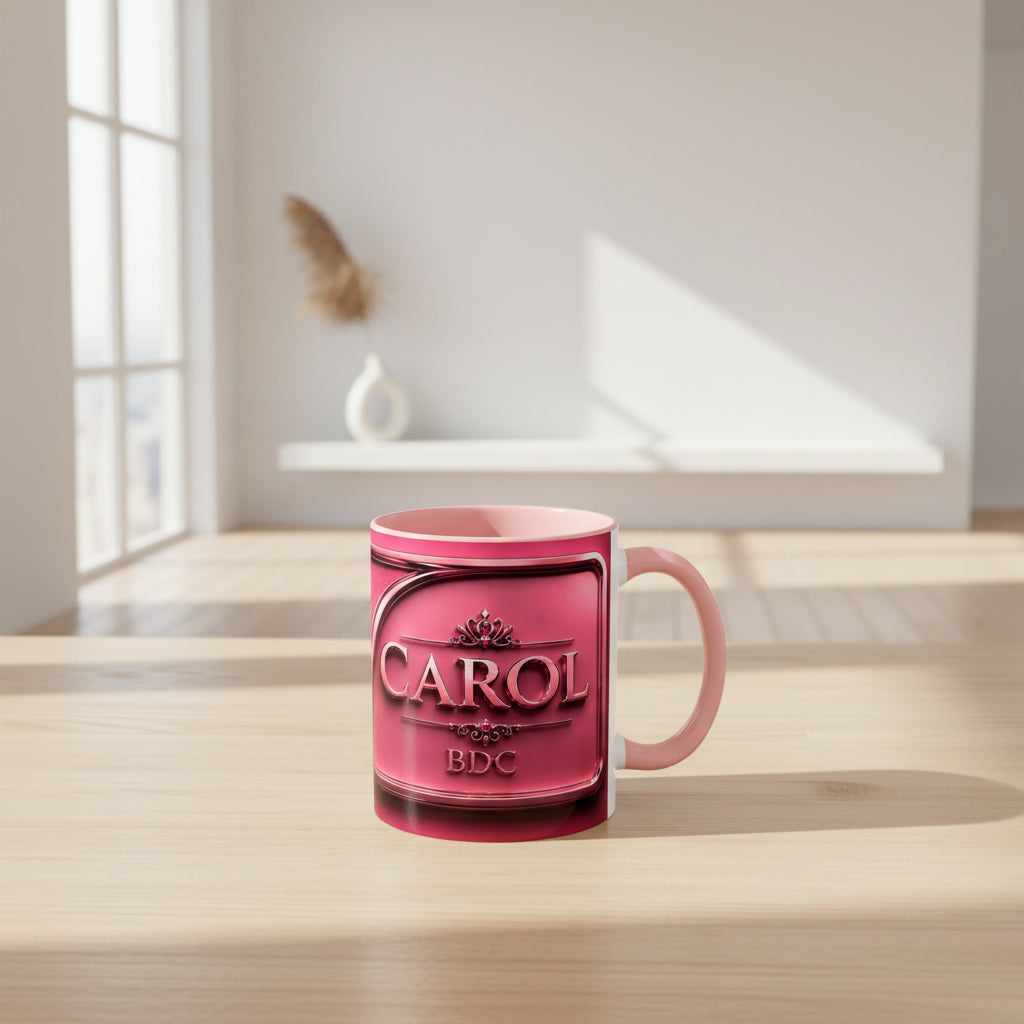 Personalized Pink Embossed Name Coffee Mug — "Carol" Accent Ceramic Mug (11/15oz)