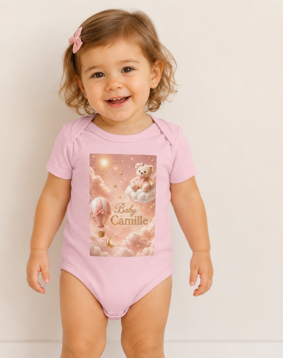 Infant Bodysuit — "Baby Camille" Pink Hot Air Balloon Teddy Newborn Onesie