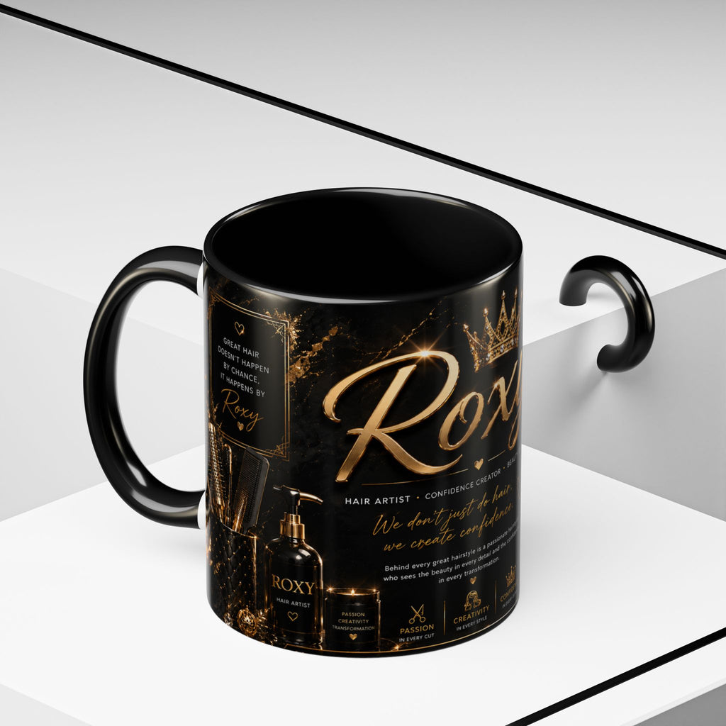 Personalized 'Roxy' Crown Coffee Mug — Elegant Black Gold Portrait Accent Mug (11/15oz)