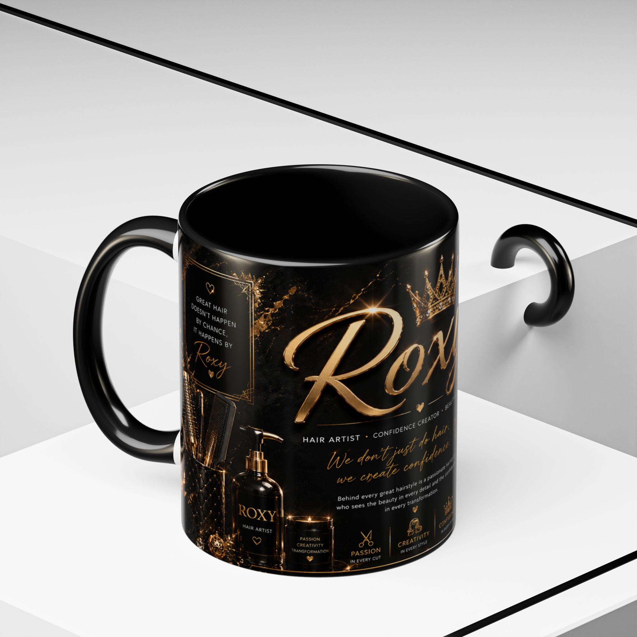 Personalized 'Roxy' Crown Coffee Mug — Elegant Black Gold Portrait Accent Mug (11/15oz)