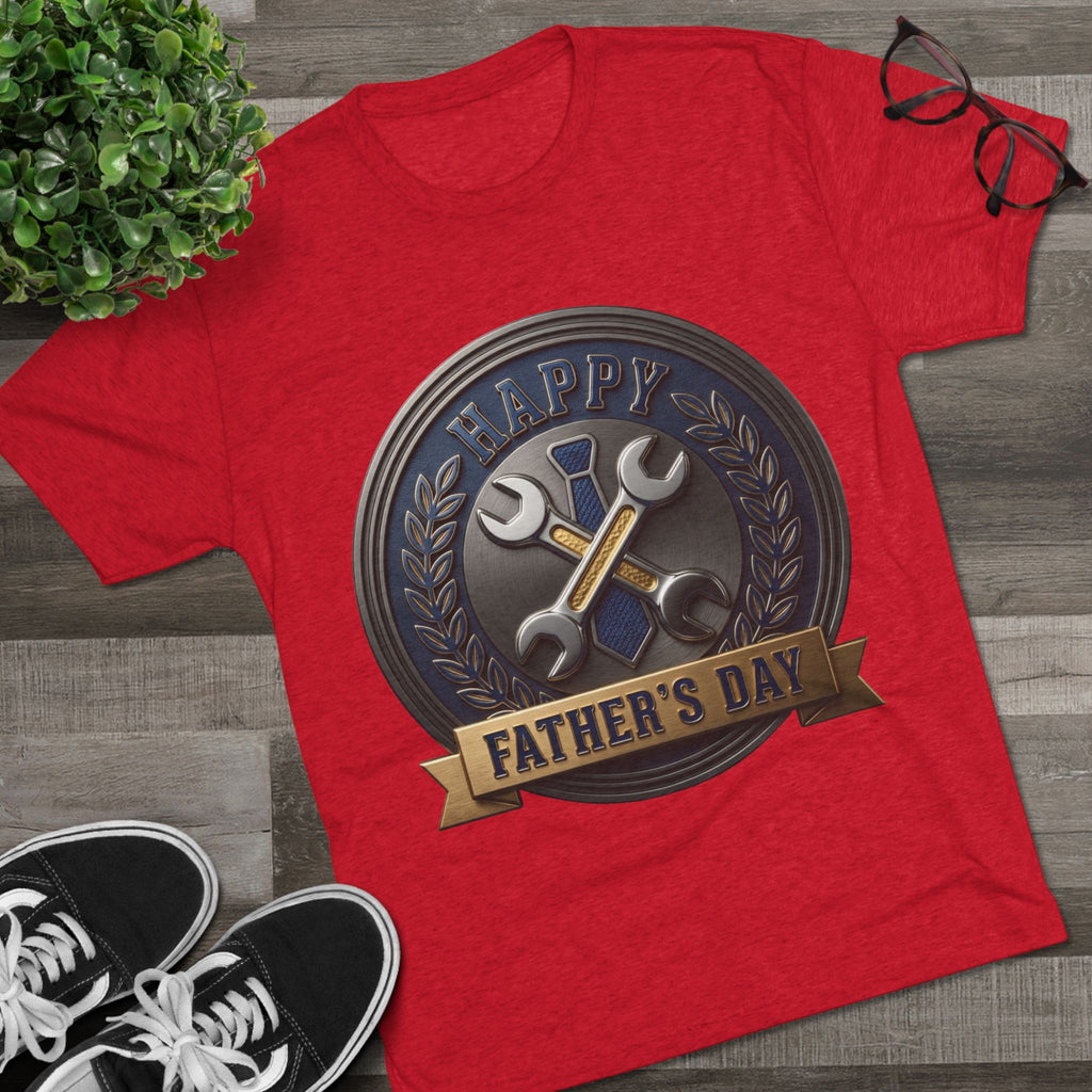 Father's Day Mechanics Badge Tee — Happy Father's Day Wrench & Hammer Crew Shirt