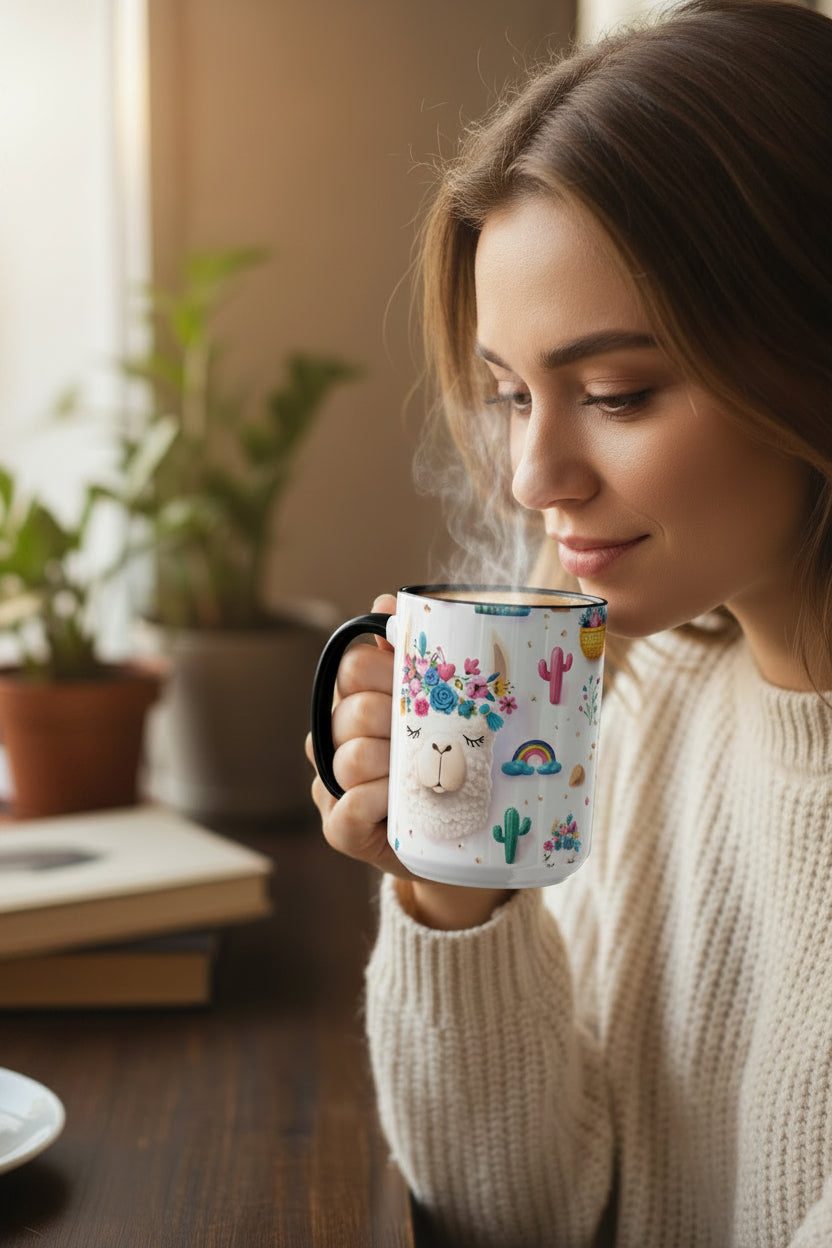 Cute Llama Pattern Accent Coffee Mug (11/15oz) – Colorful Fiesta Alpaca Design