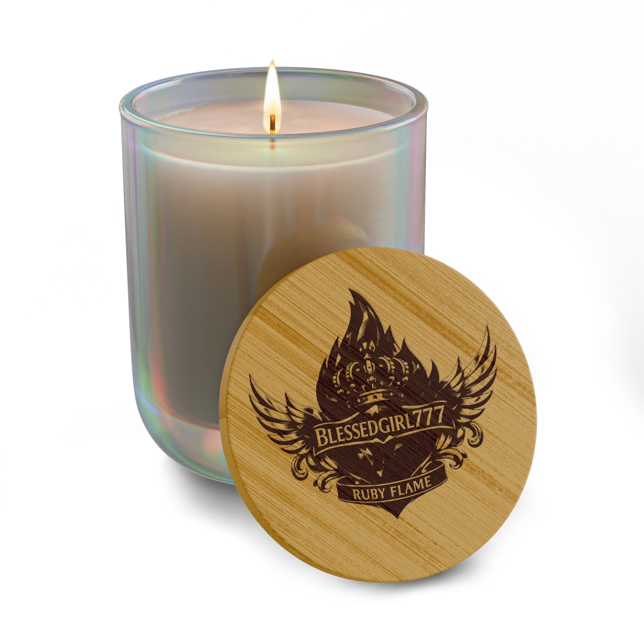 Engraved Soy Candle — 14oz Scented Candle with Custom Bamboo Lid (Rustic Crest Design)