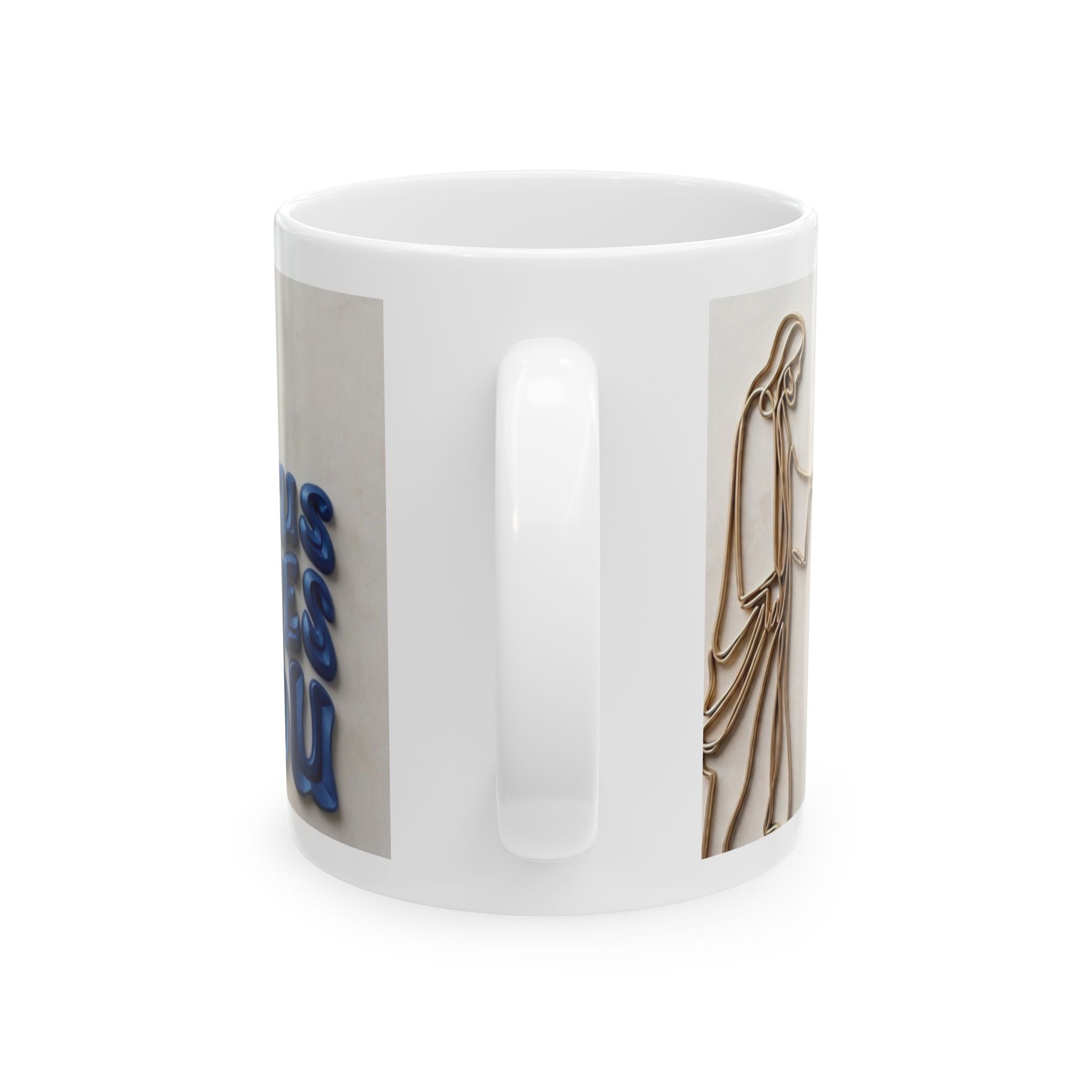 Wire Heart Line Art Ceramic Mug | Blue Floral Accent