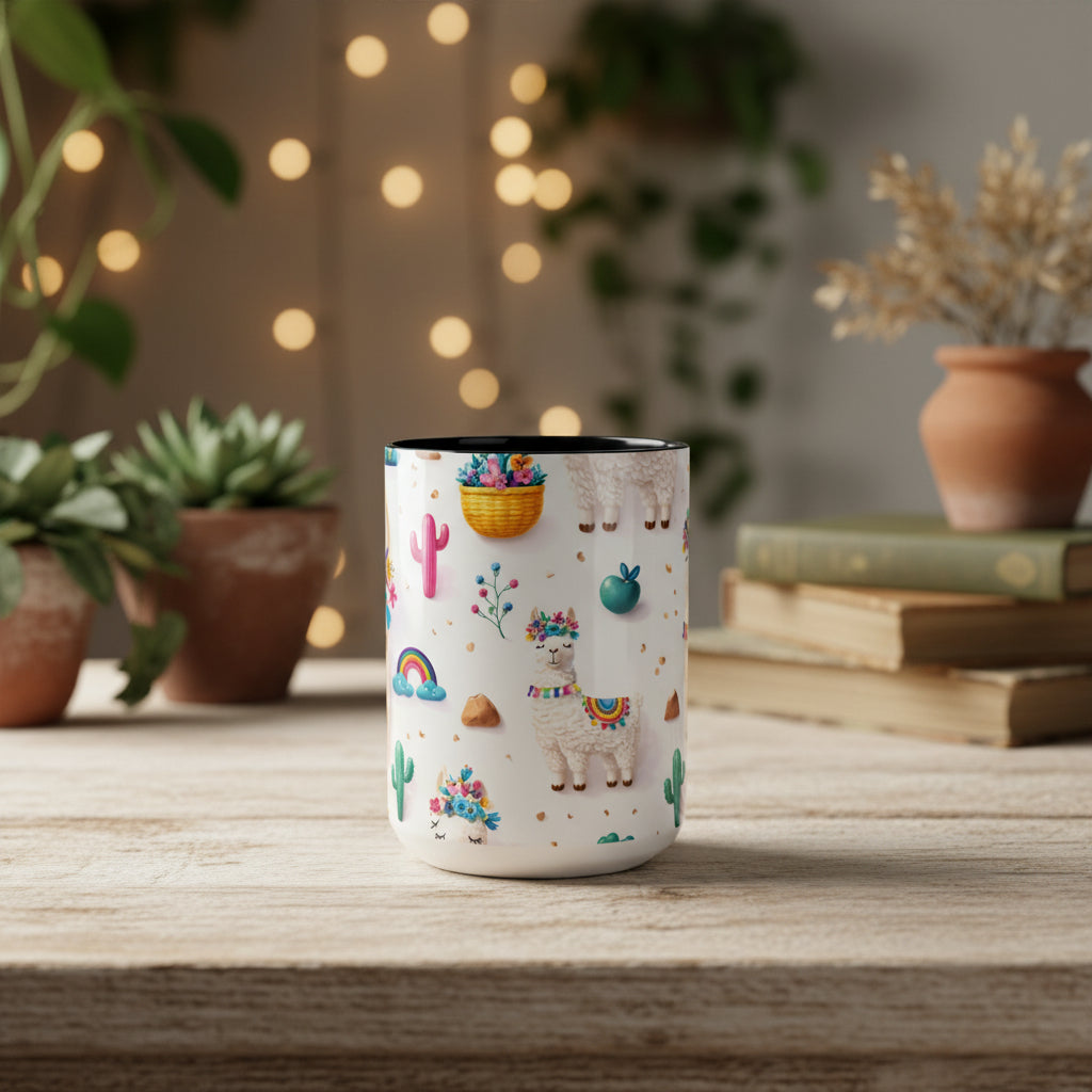 Cute Llama Pattern Accent Coffee Mug (11/15oz) – Colorful Fiesta Alpaca Design