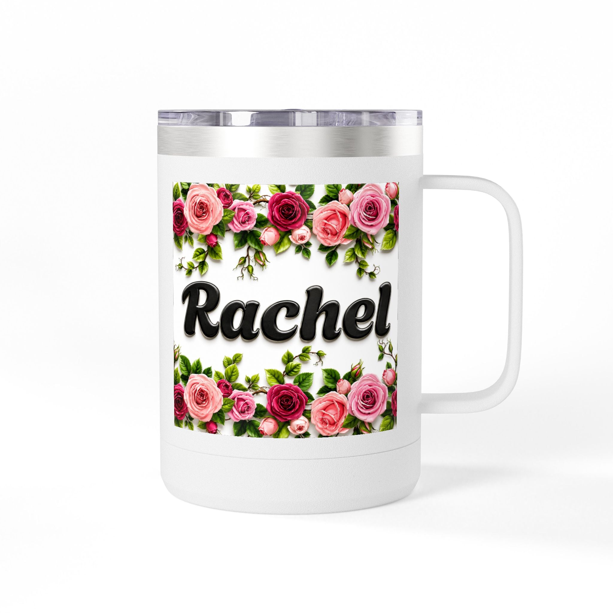 Personalized Rachel Floral 15oz Travel Mug — Insulated Coffee Tumbler