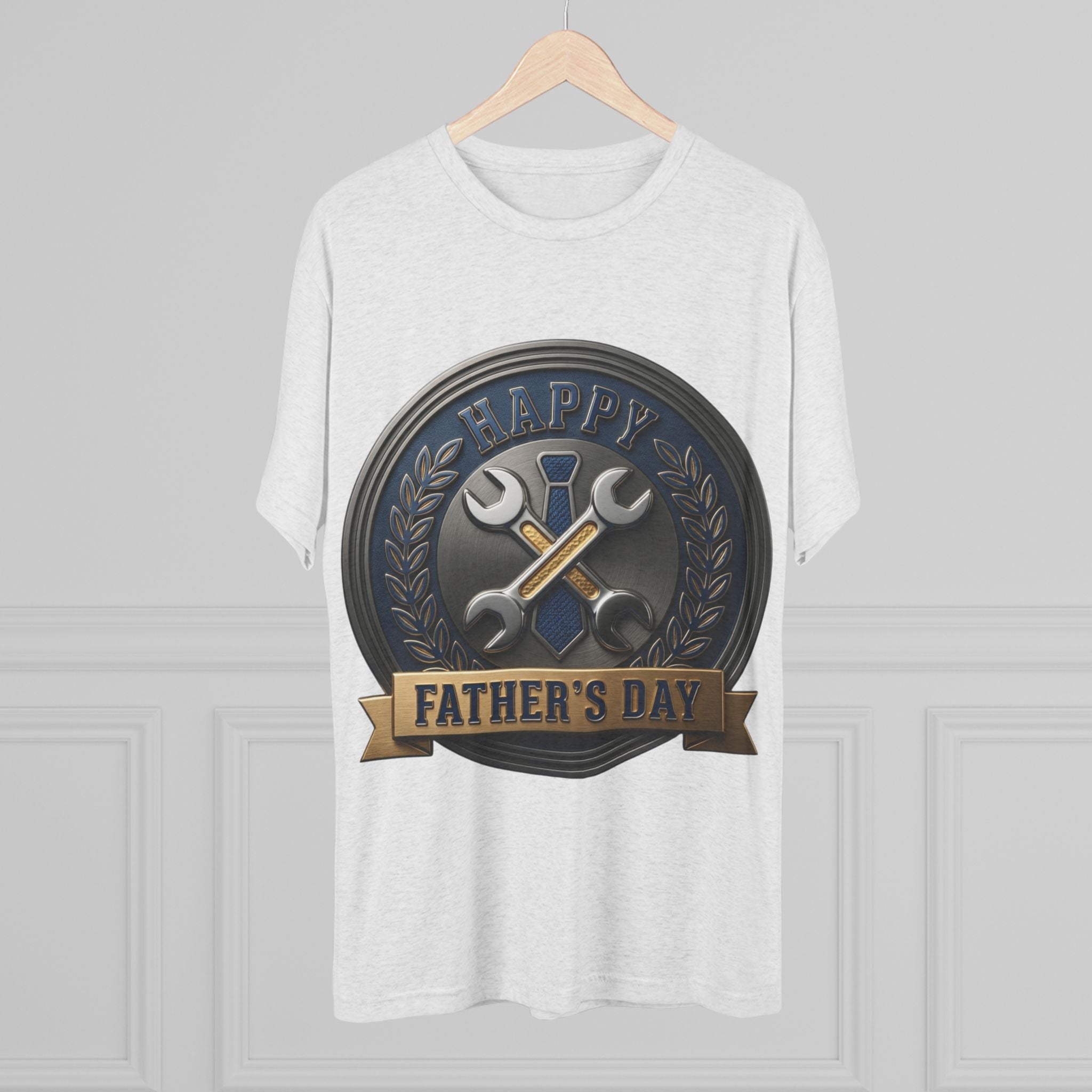 Father's Day Mechanics Badge Tee — Happy Father's Day Wrench & Hammer Crew Shirt