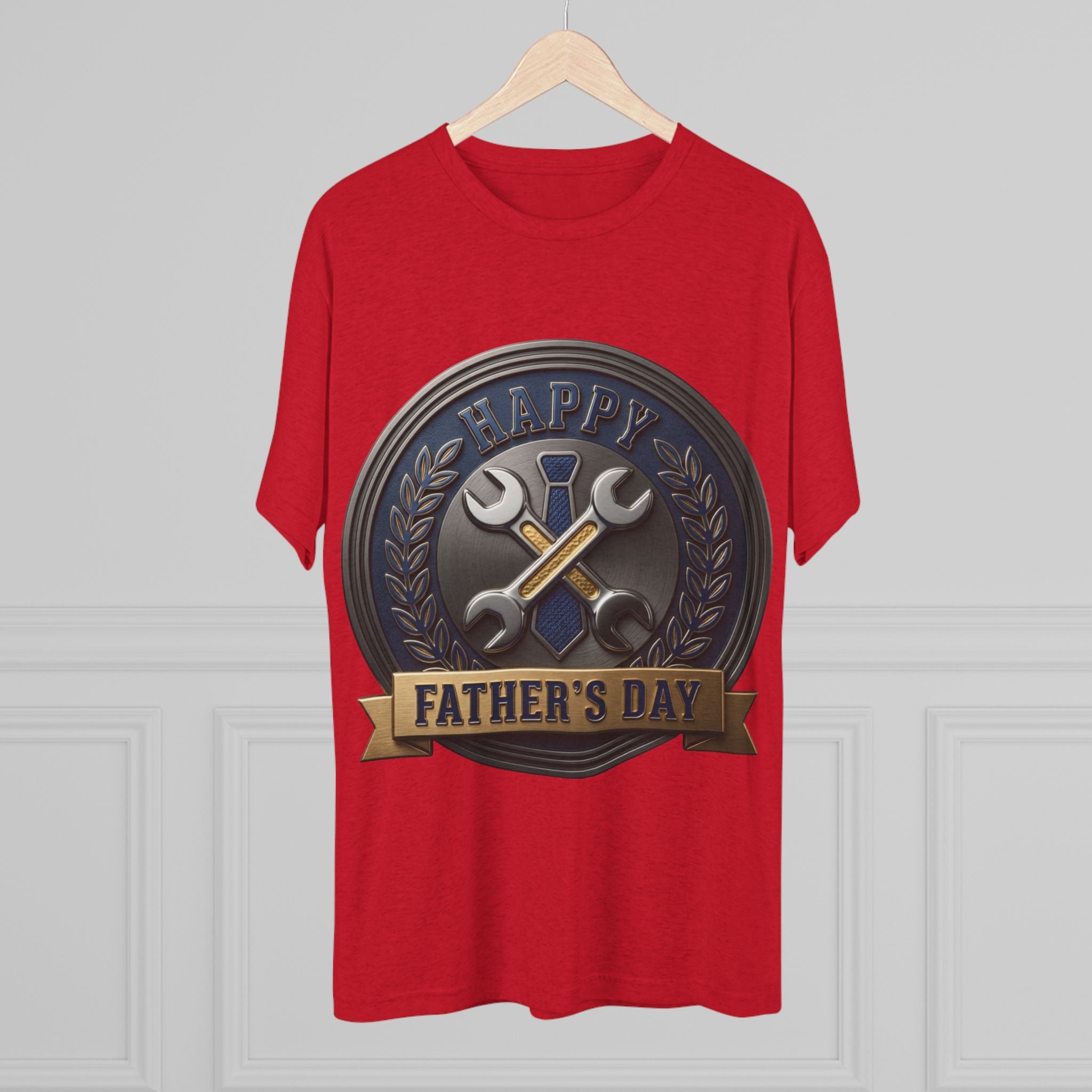 Father's Day Mechanics Badge Tee — Happy Father's Day Wrench & Hammer Crew Shirt