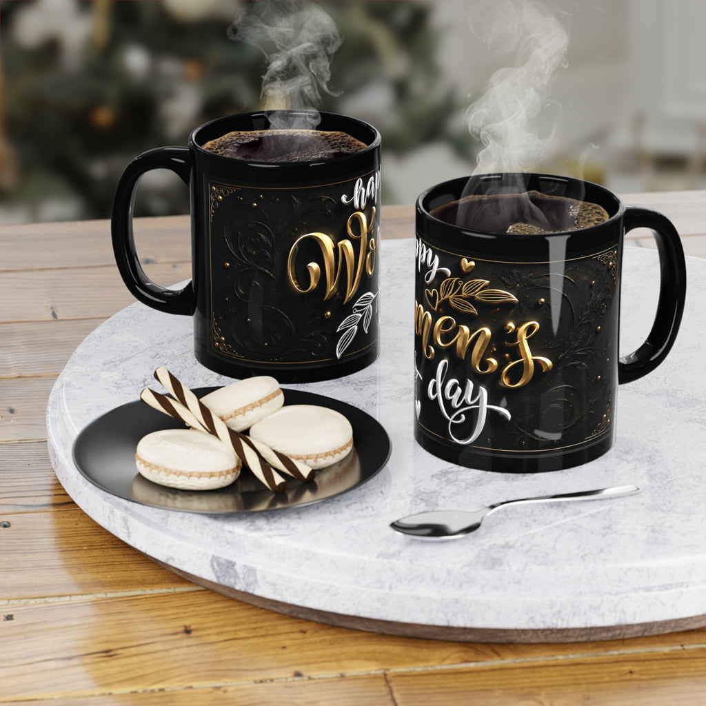Happy Women's Day Black Coffee Mug, Inspirational Gift for Her, Best Mug for Coffee Lovers, Motivational Drinkware for Women, Elegant