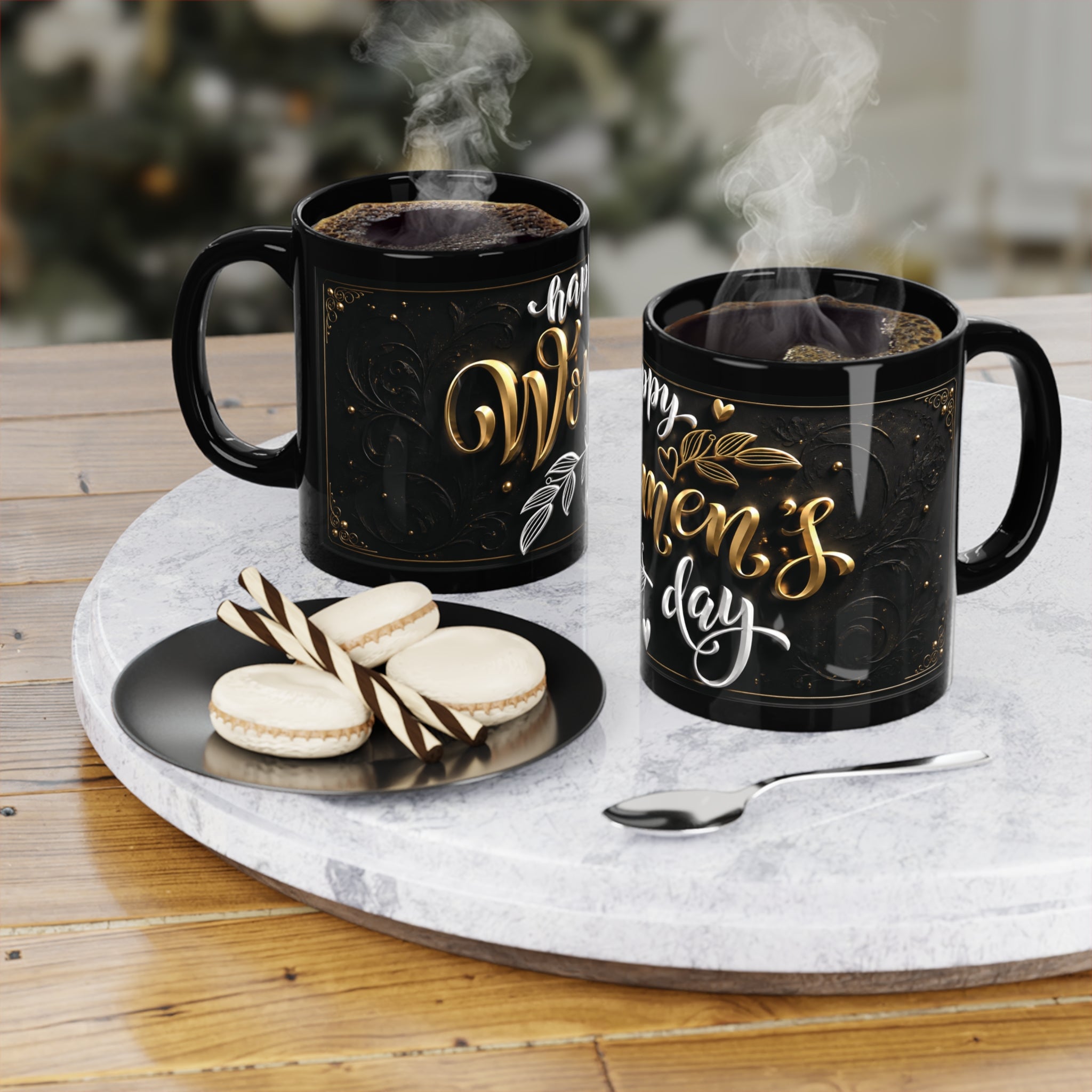 Happy Women's Day Black Coffee Mug, Inspirational Gift for Her, Best Mug for Coffee Lovers, Motivational Drinkware for Women, Elegant