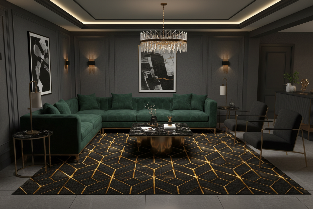 Glam Chevron Rug — Black with Gold Sparkle Geometric Floor Mat