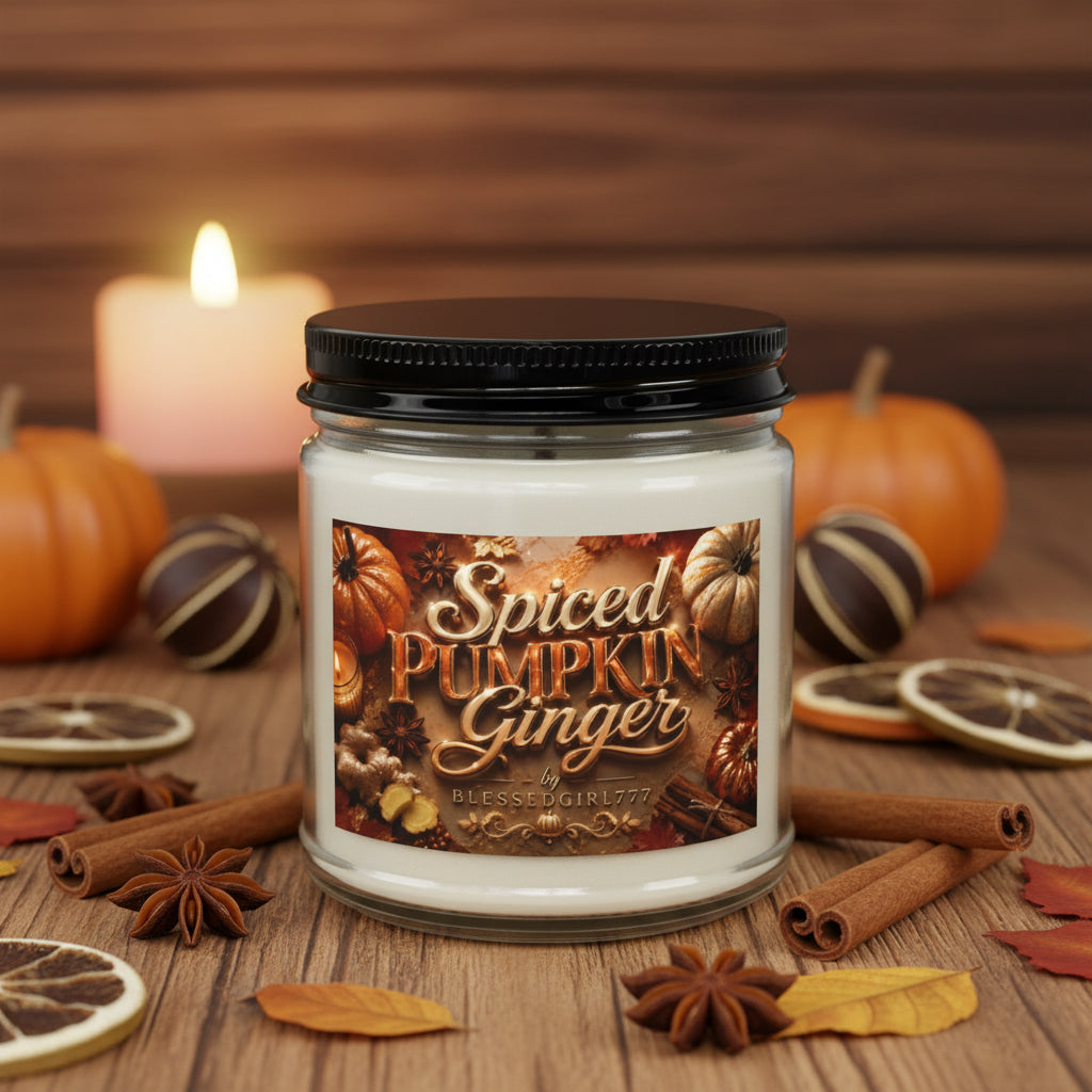 Spiced Pumpkin Ginger Soy Candle — 4oz & 9oz Amber Jar with Black Lid