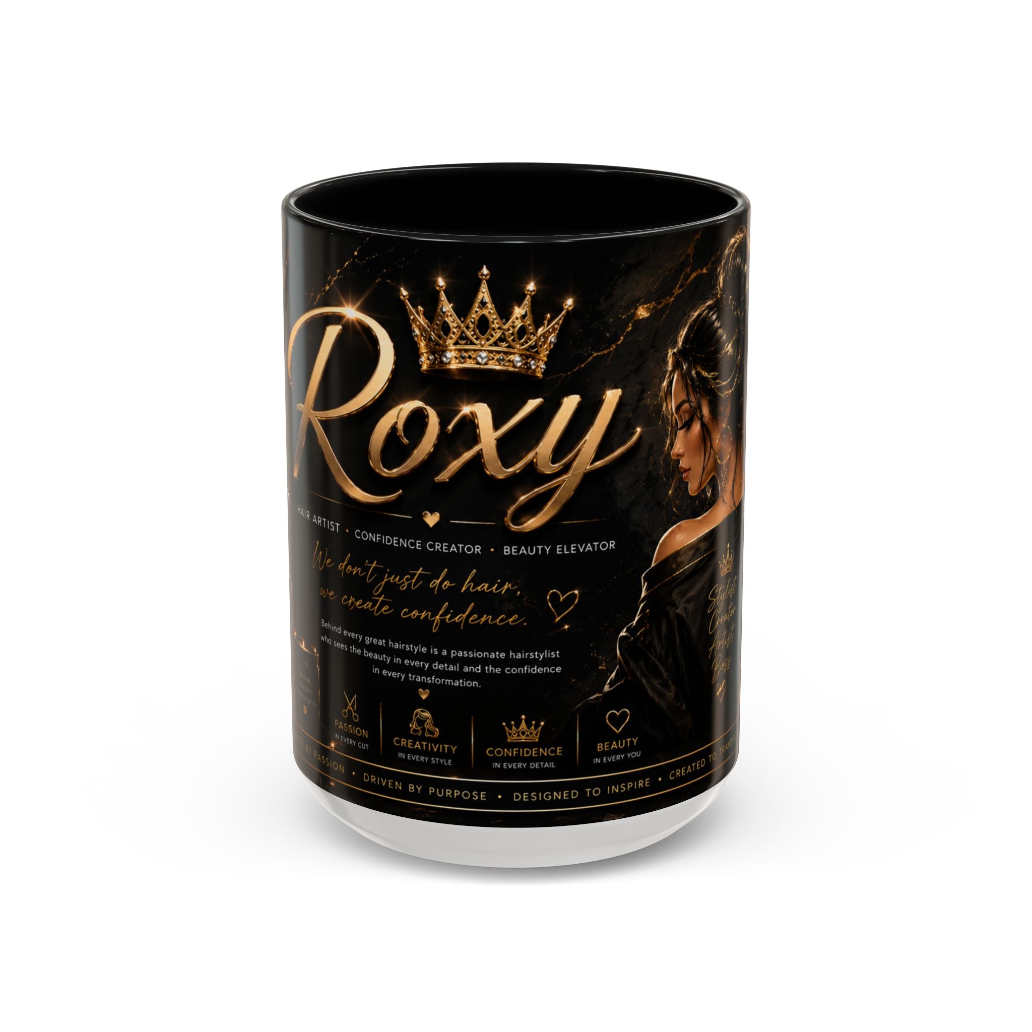 Personalized 'Roxy' Crown Coffee Mug — Elegant Black Gold Portrait Accent Mug (11/15oz)