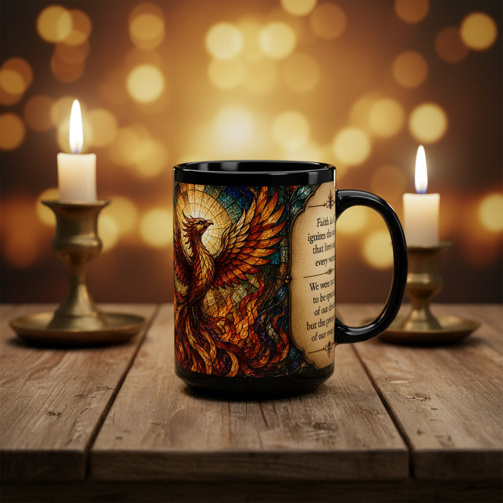 Rising Phoenix Faith Mug — Stained Glass 15oz Black Ceramic ✨