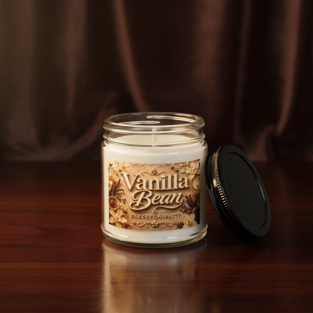 Spiced Vanilla Bean Scented Soy Candle — 4oz & 9oz Amber Jar with Black Lid
