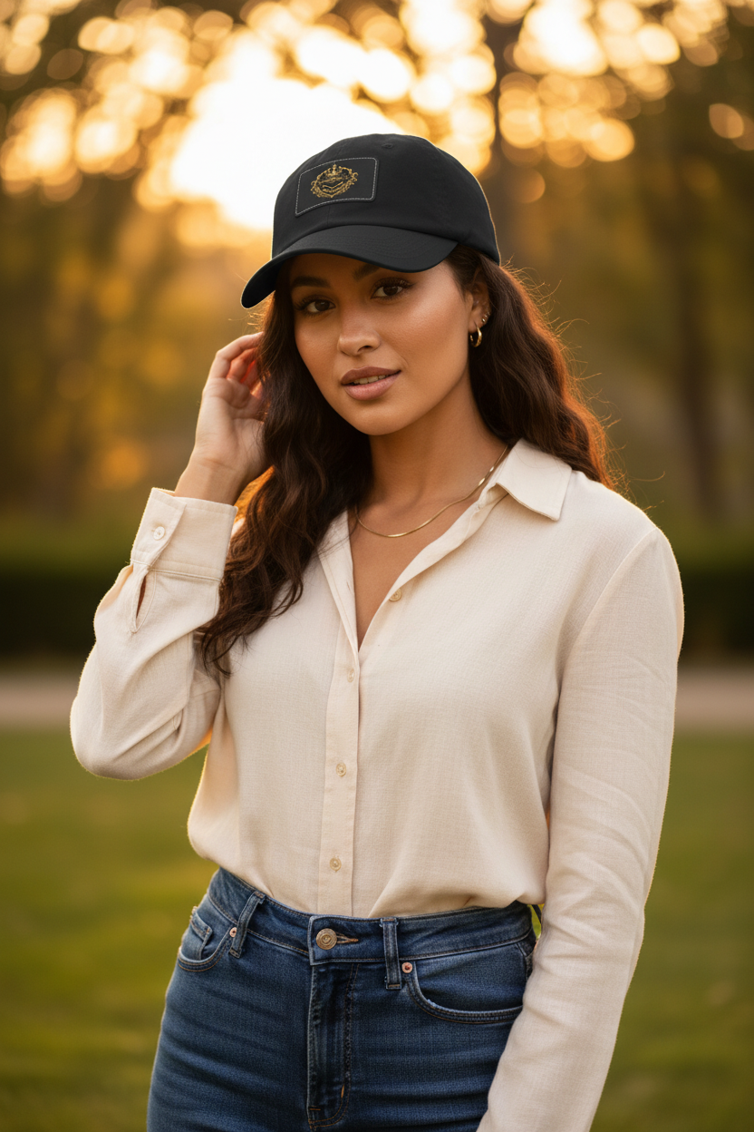 Dad Hat — Vintage Gold Crest Leather Patch Cap