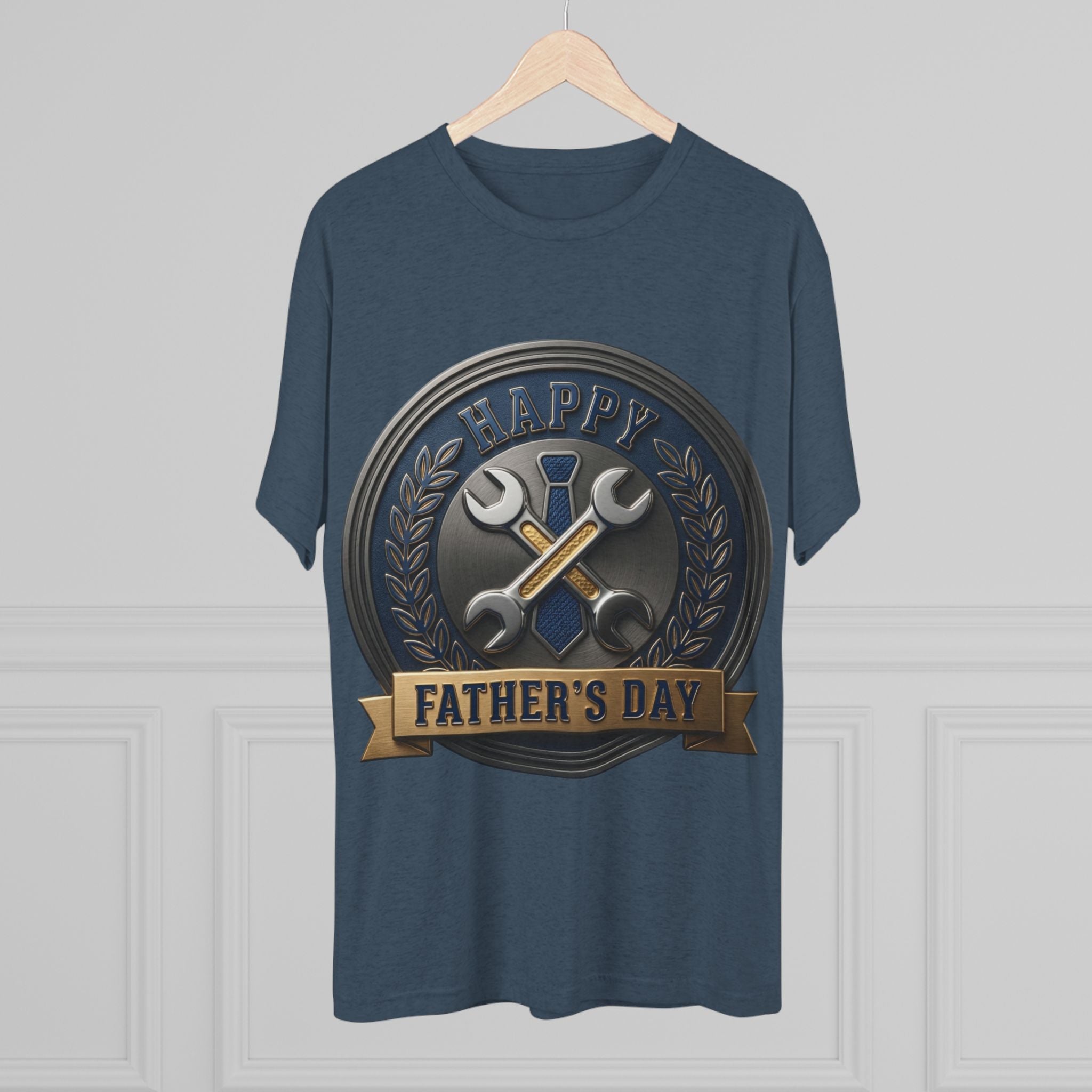 Father's Day Mechanics Badge Tee — Happy Father's Day Wrench & Hammer Crew Shirt