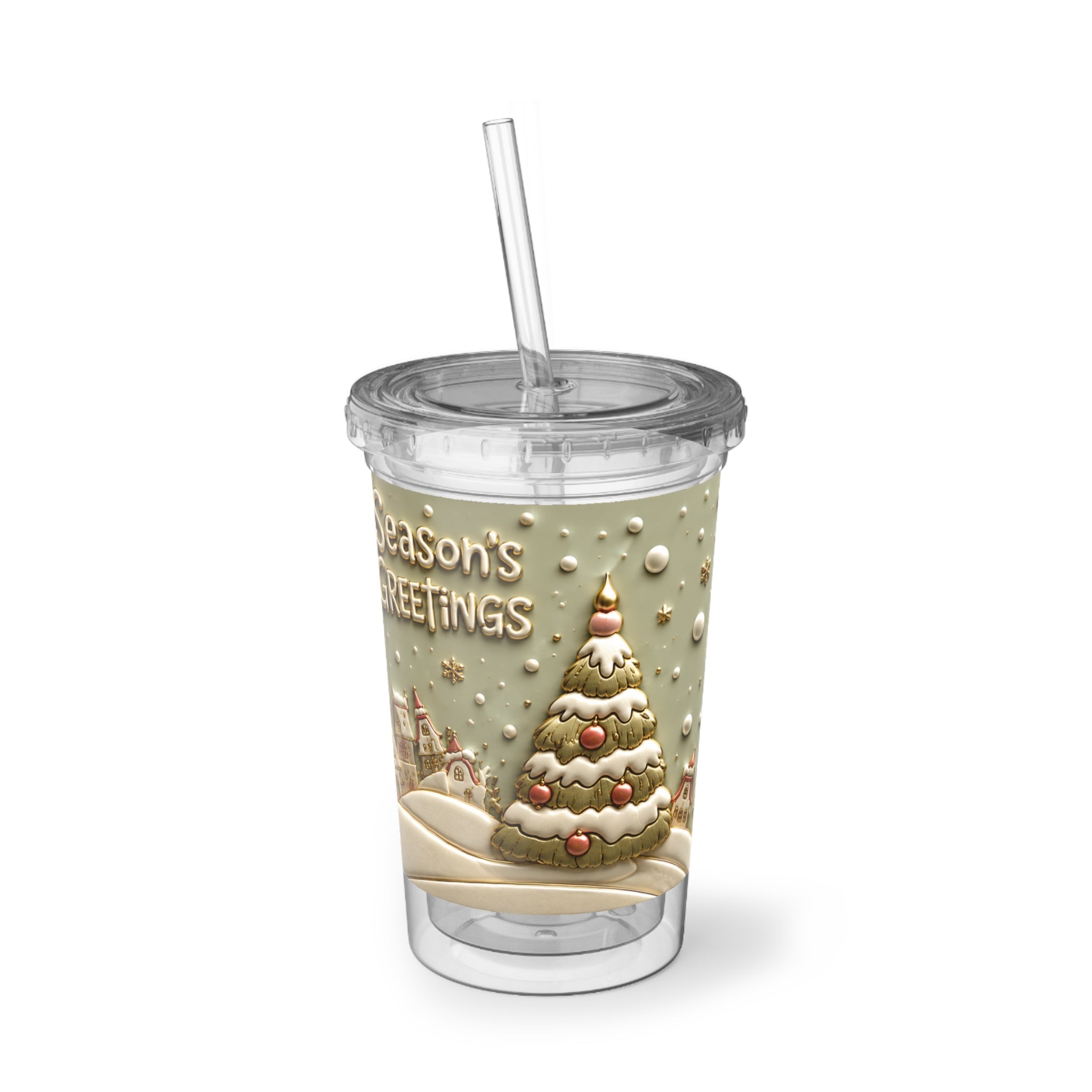 Seasons Greetings Snowman Acrylic Cup | Holiday Winter Scene