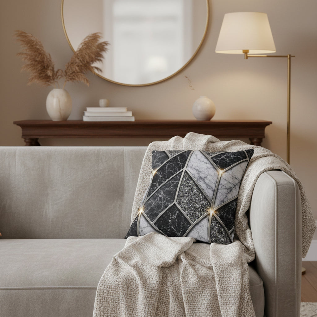 Geometric Marble Outdoor Pillow — Gray Stone Mosaic Accent Cushion