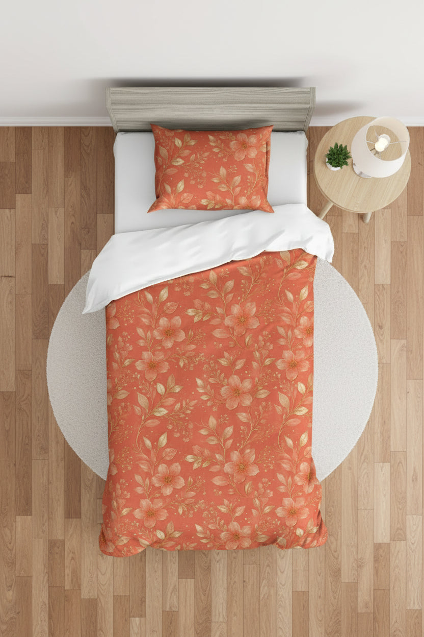 Floral Cotton Duvet Cover Set — Coral Vintage Blossom Bedding