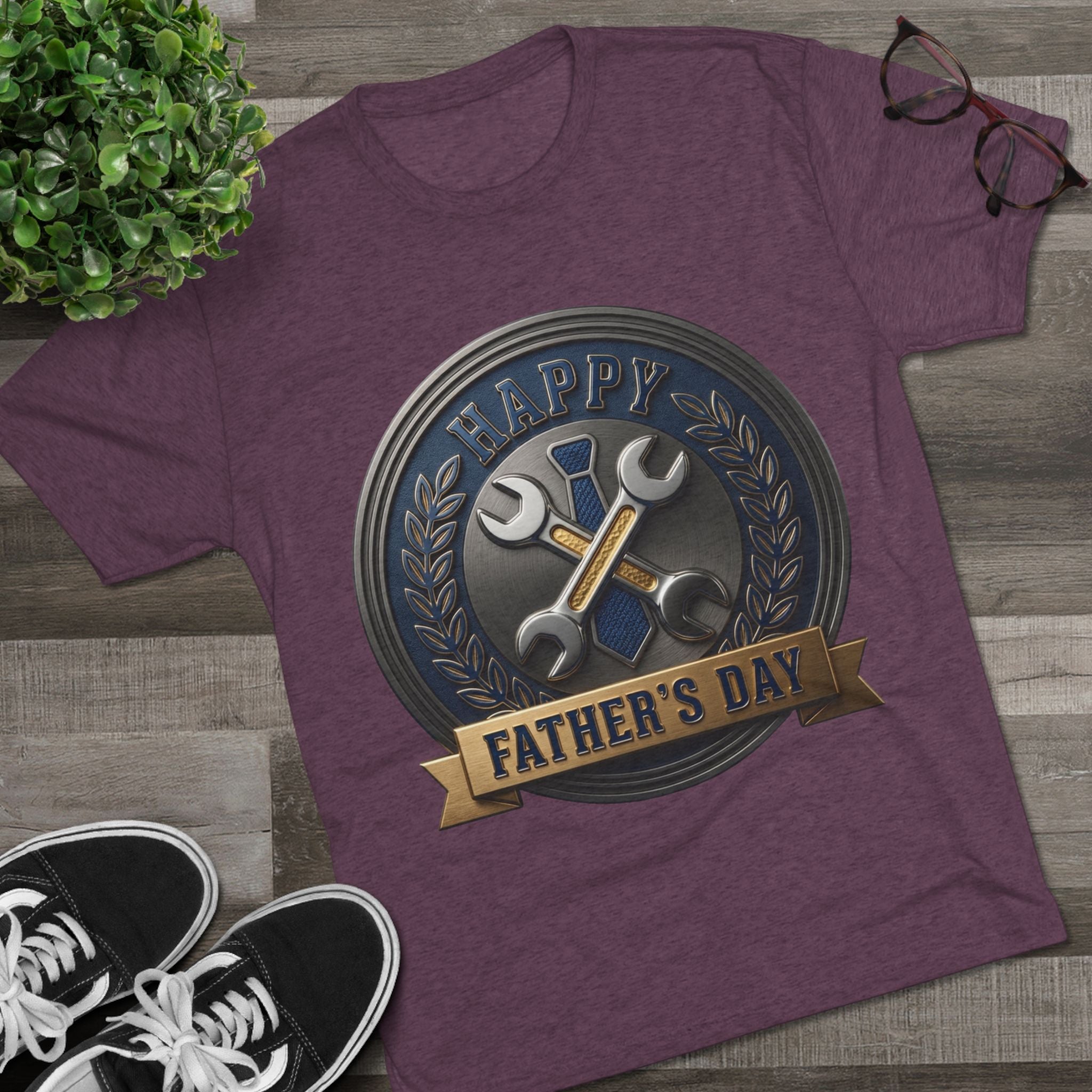 Father's Day Mechanics Badge Tee — Happy Father's Day Wrench & Hammer Crew Shirt