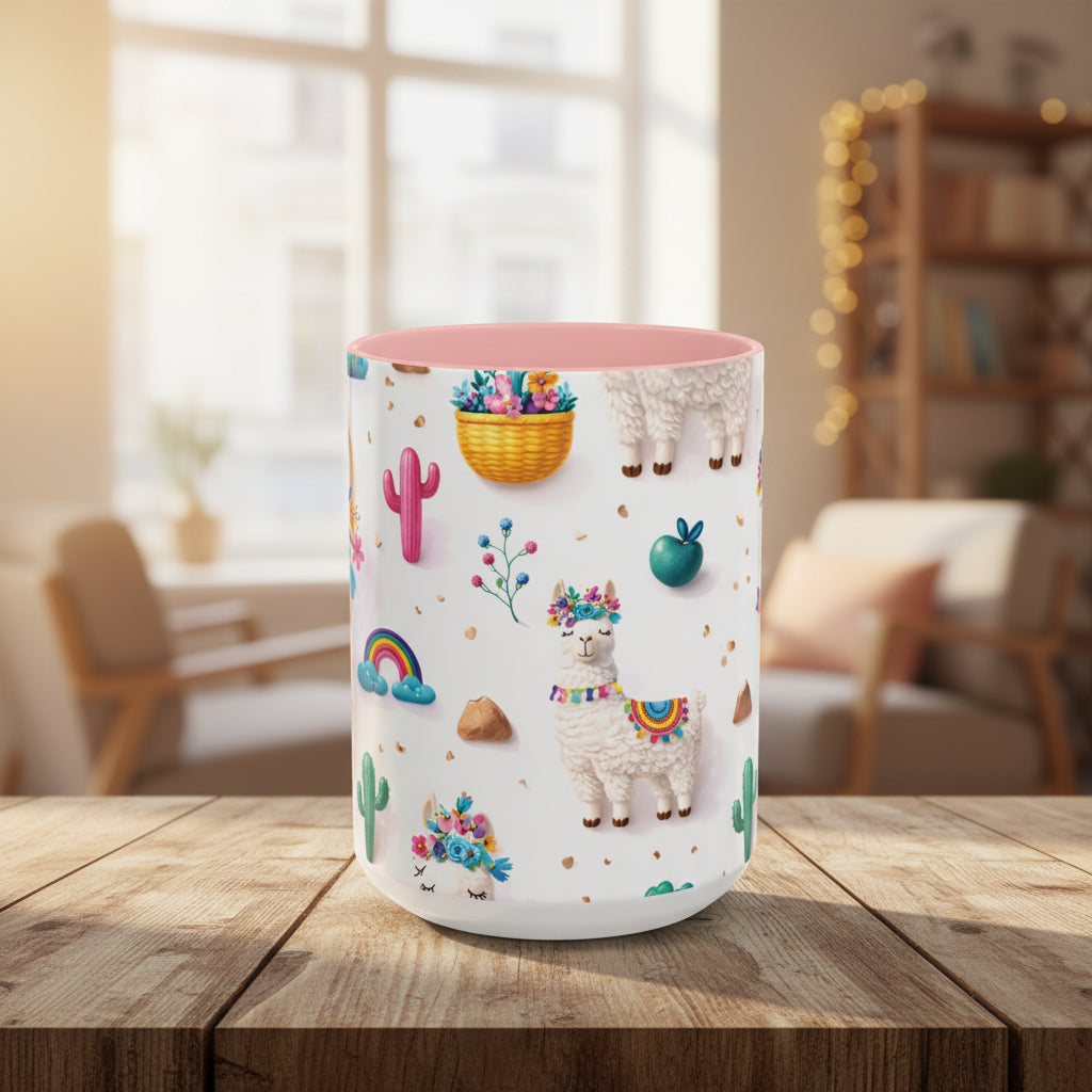 Cute Llama Pattern Accent Coffee Mug (11/15oz) – Colorful Fiesta Alpaca Design