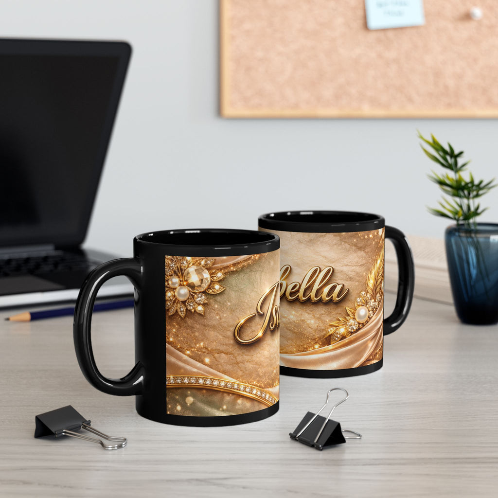 Personalized Gold Name Mug — "Isabella" Elegant Black Ceramic Coffee Cup