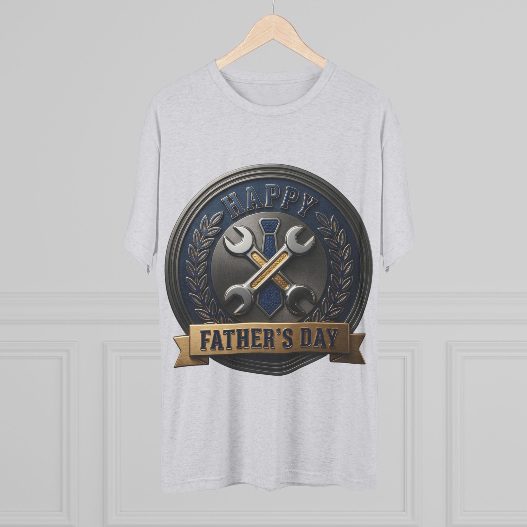 Father's Day Mechanics Badge Tee — Happy Father's Day Wrench & Hammer Crew Shirt