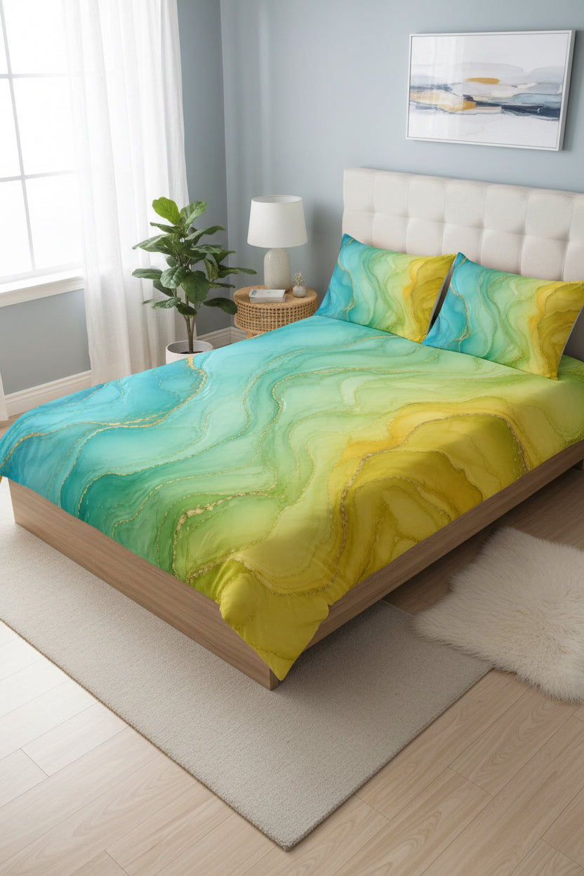 Aqua Sunrise Cotton Bed Set - Ocean Teal & Sunshine Yellow Marble Duvet Cover