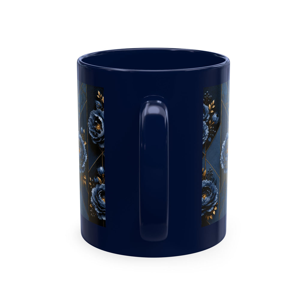 Navy Blue Floral Ceramic Mug — Elegant Rose Pattern Coffee Cup