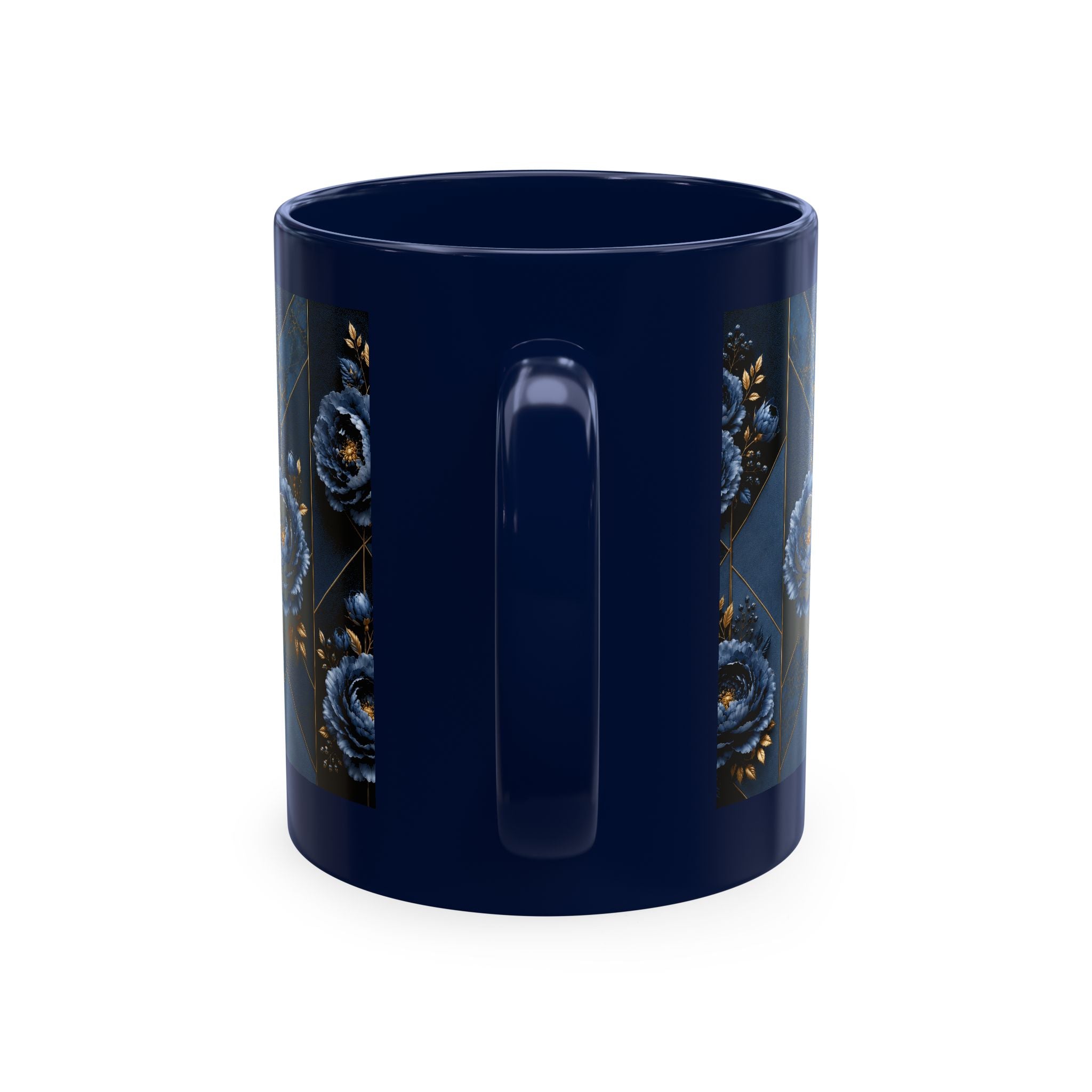 Navy Blue Floral Ceramic Mug — Elegant Rose Pattern Coffee Cup
